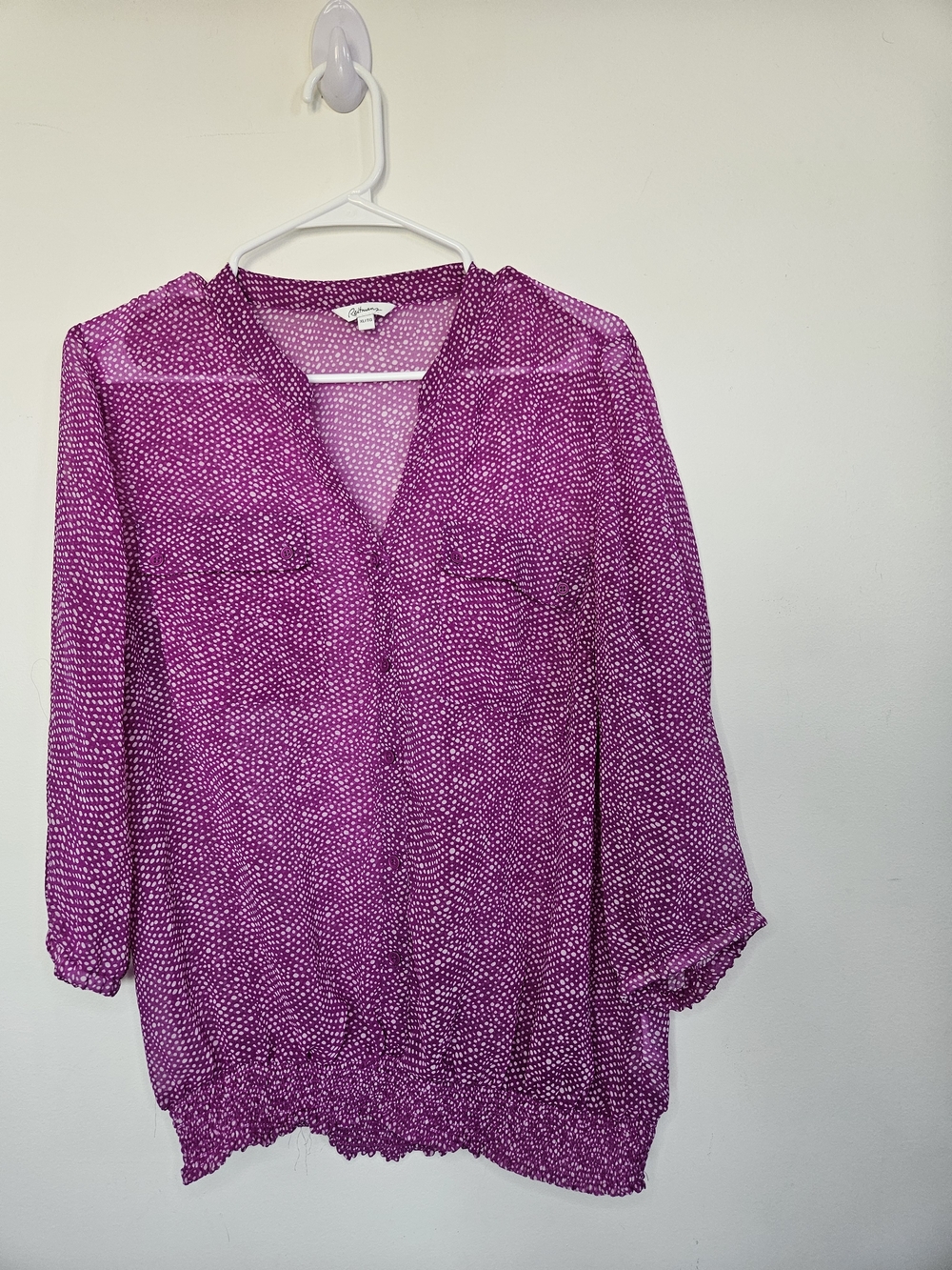 REITMANS Purple Polka Dot Sheer Blouse Smocked Hem Button Front Size XL🔥
